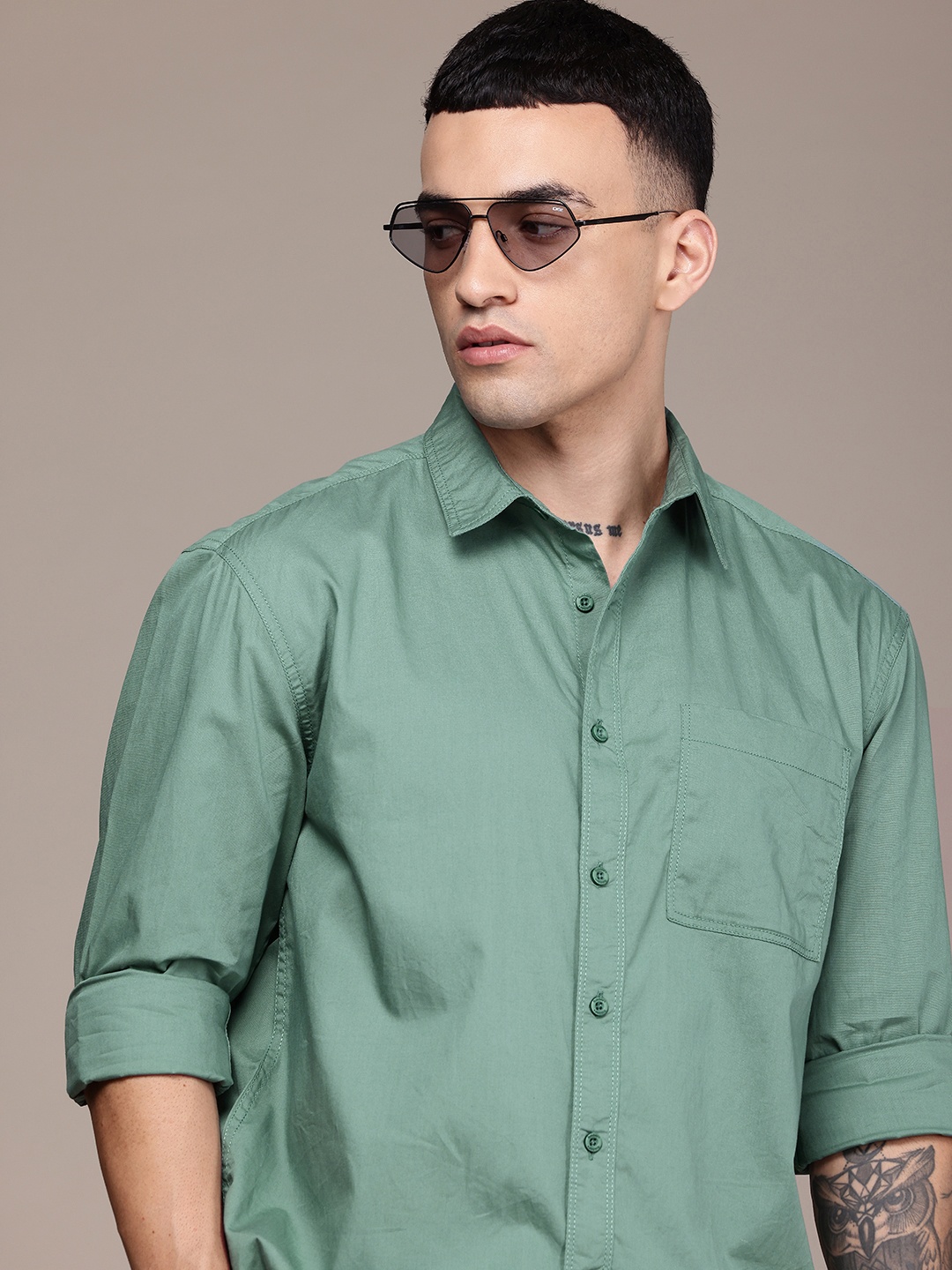 

The Roadster Life Co. Drop-Shoulder Relaxed Fit Pure Cotton Casual Shirt, Green