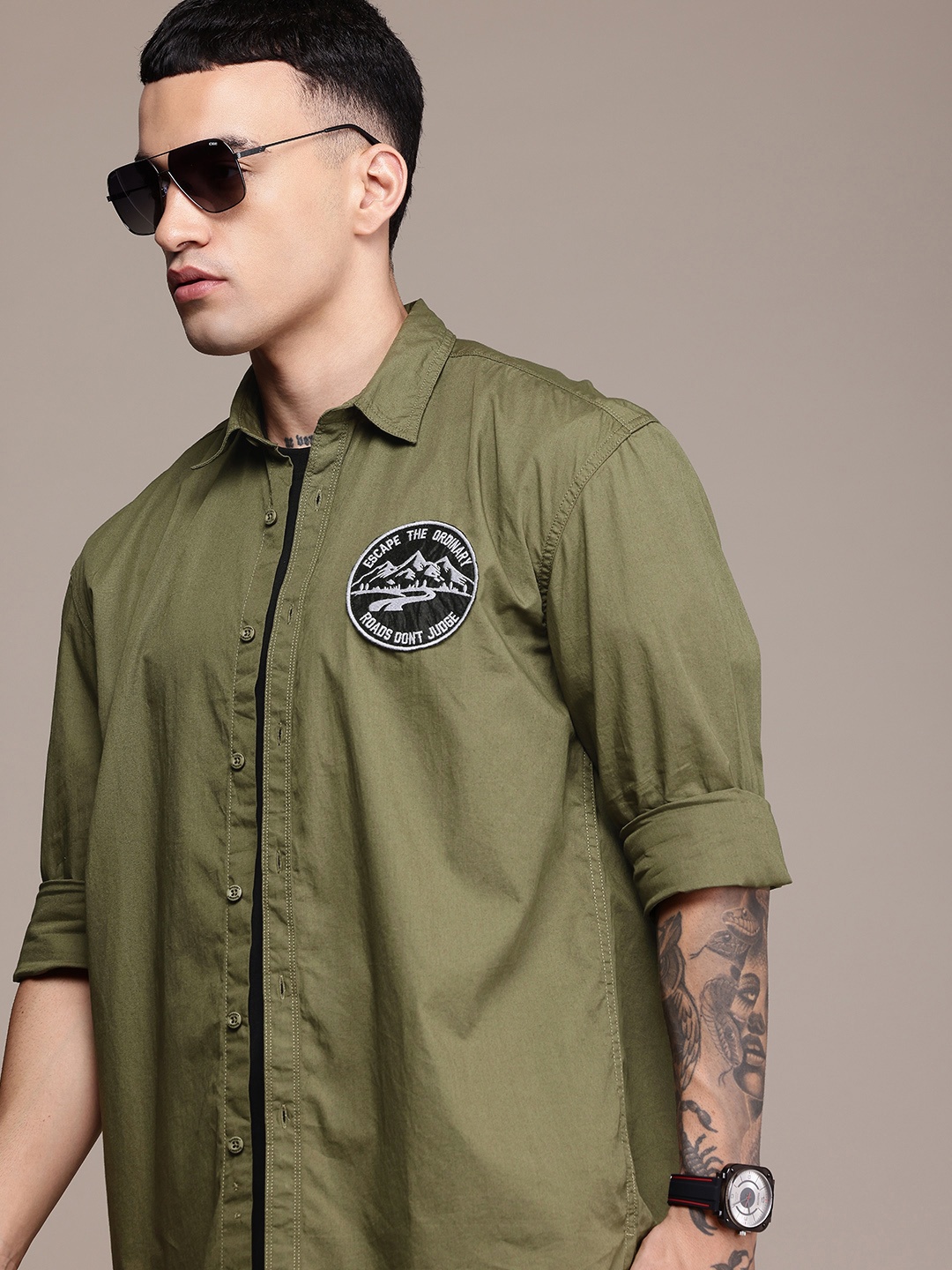 

The Roadster Life Co. Relaxed Fit Applique Detailed Pure Cotton Casual Shirt, Olive