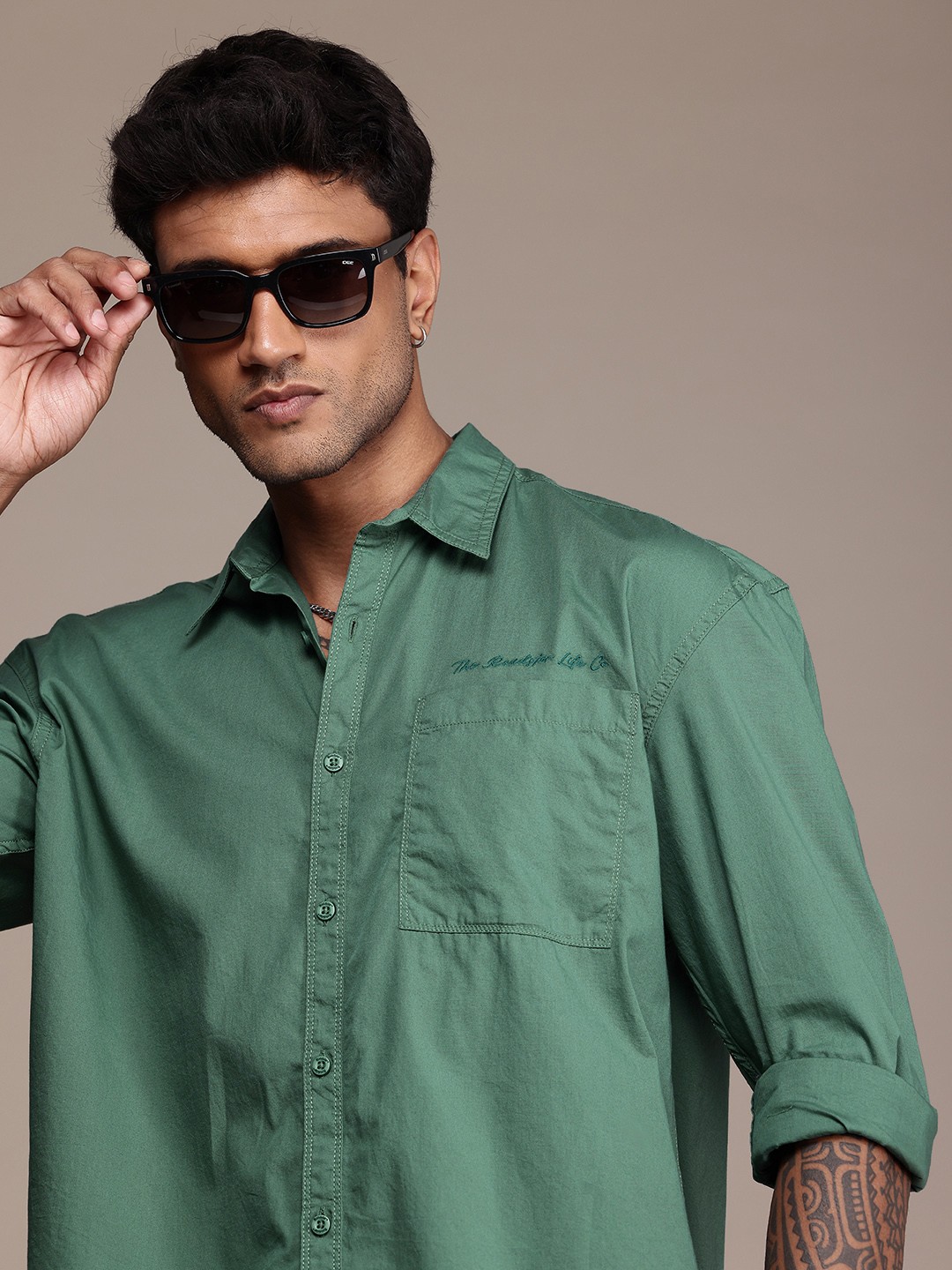 The Roadster Life Co. Pure Cotton Drop-Shoulder Sleeves Relaxed Fit Casual Shirt, Green