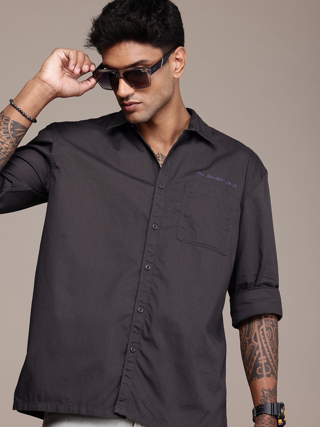 

The Roadster Life Co. Drop-Shoulder Relaxed Fit Pure Cotton Casual Shirt, Charcoal