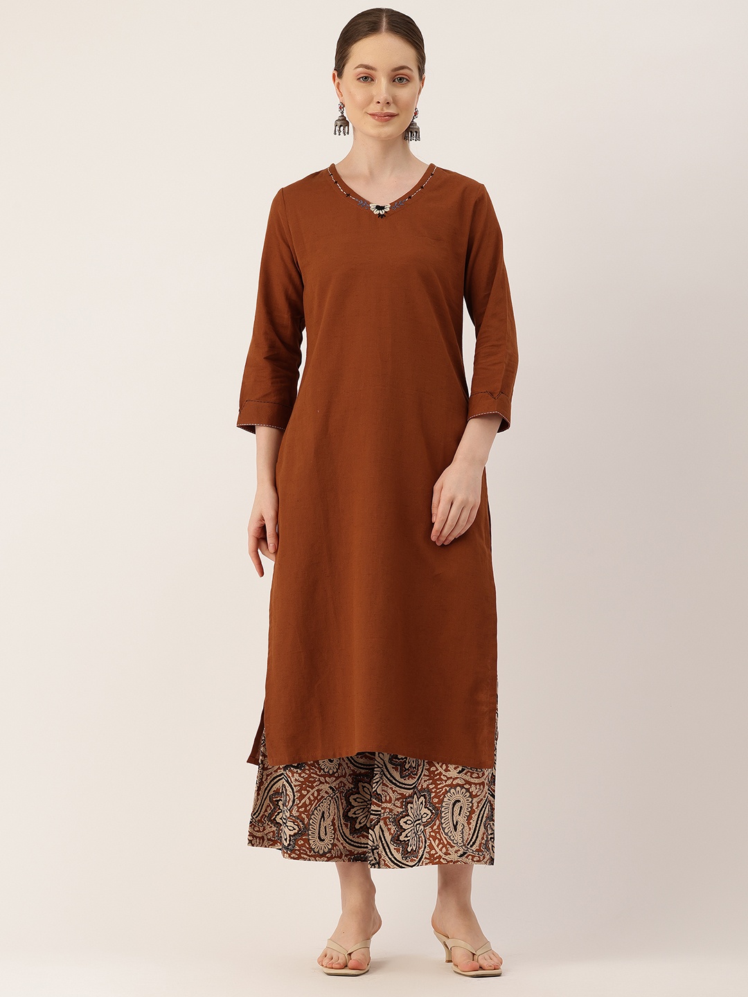 

MISRI Women Solid Thread Work Pure Cotton Kurta with Palazzos, Rust