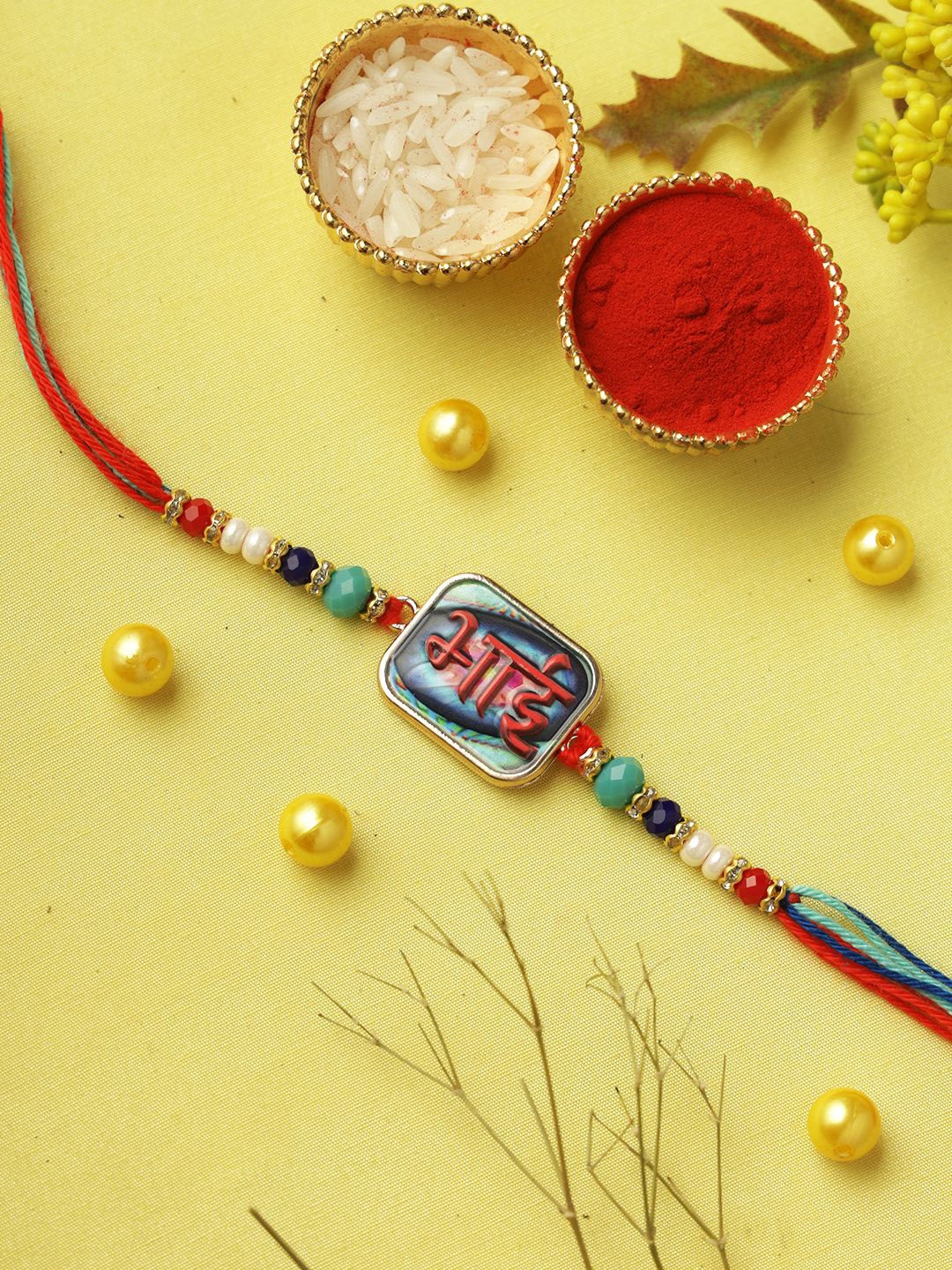 

Aapno Rajasthan Embossed Beaded Rakhi with Roli Chawal & Greeting Card, Gold