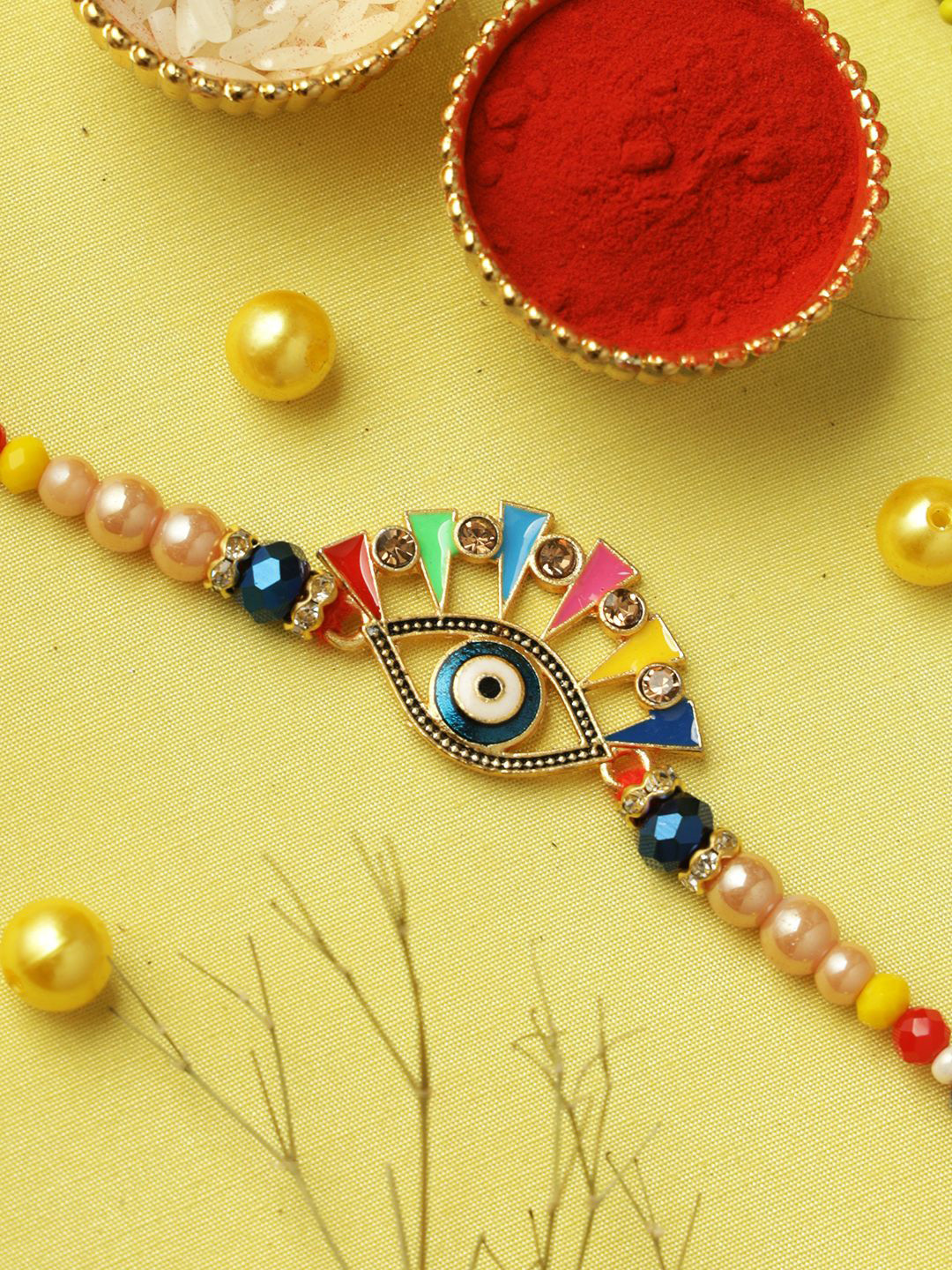 

Aapno Rajasthan Evil Eye Beaded Rakhi With Roli Chawal & Greetings Card, Red