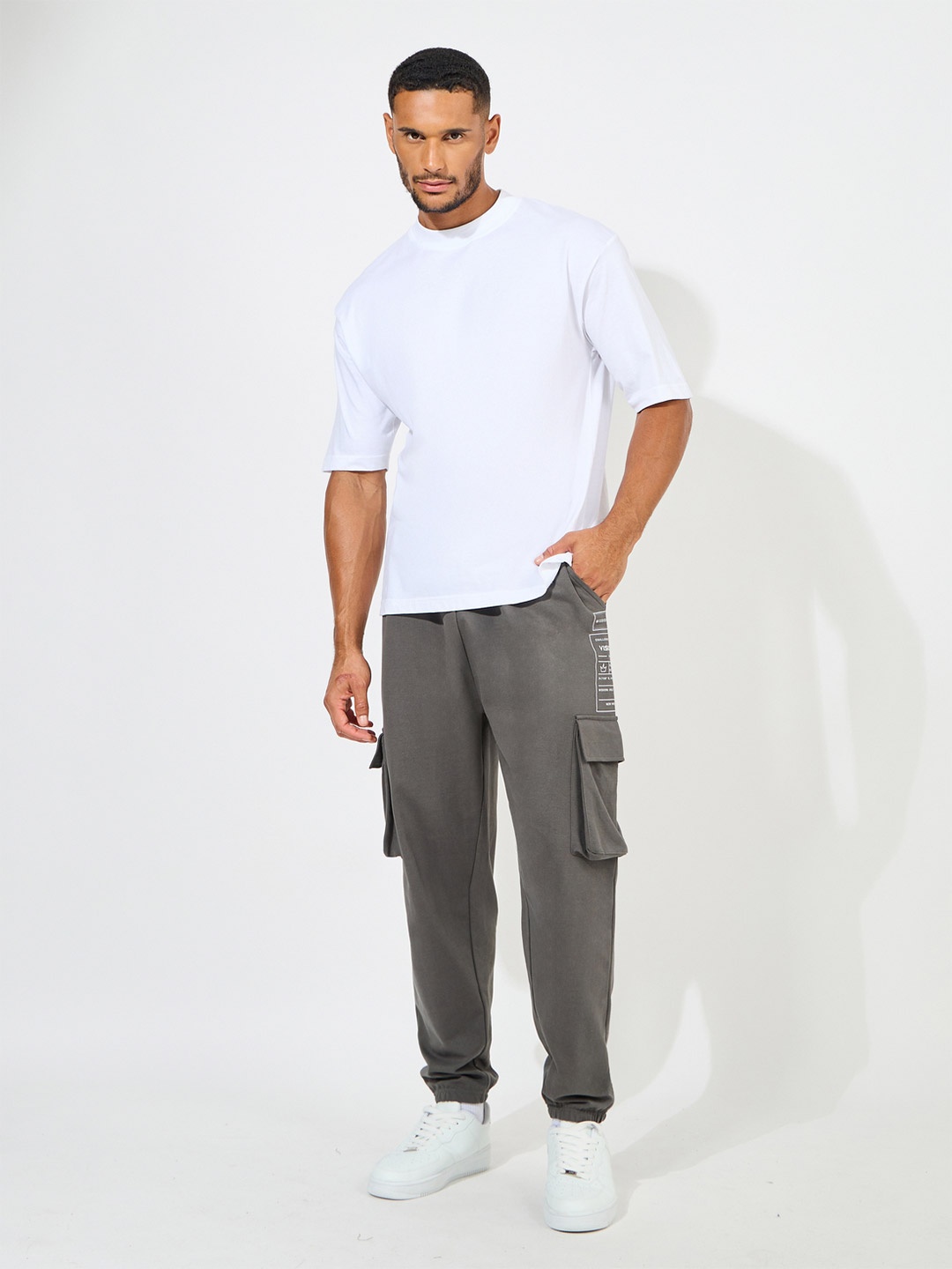 

Styli Men Graphic Printed Oversized Cargo Joggers, Charcoal