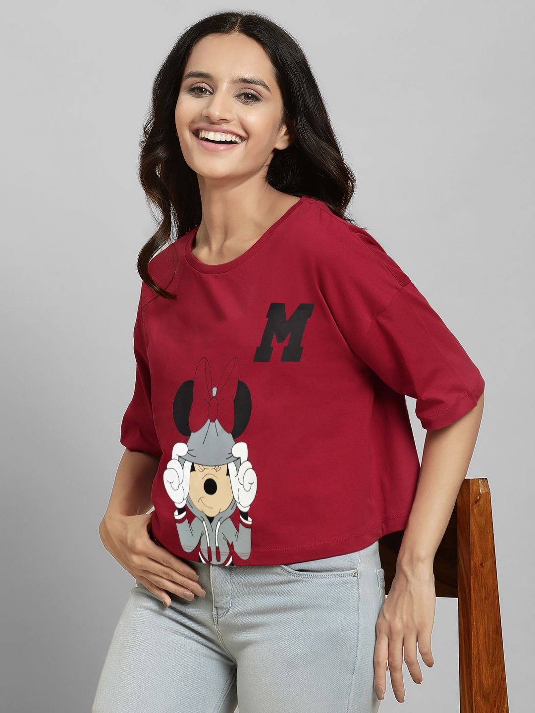 

Free Authority Women Mickey Mouse Graphic Printed Pure Cotton Boxy-Fit T-shirt, Red