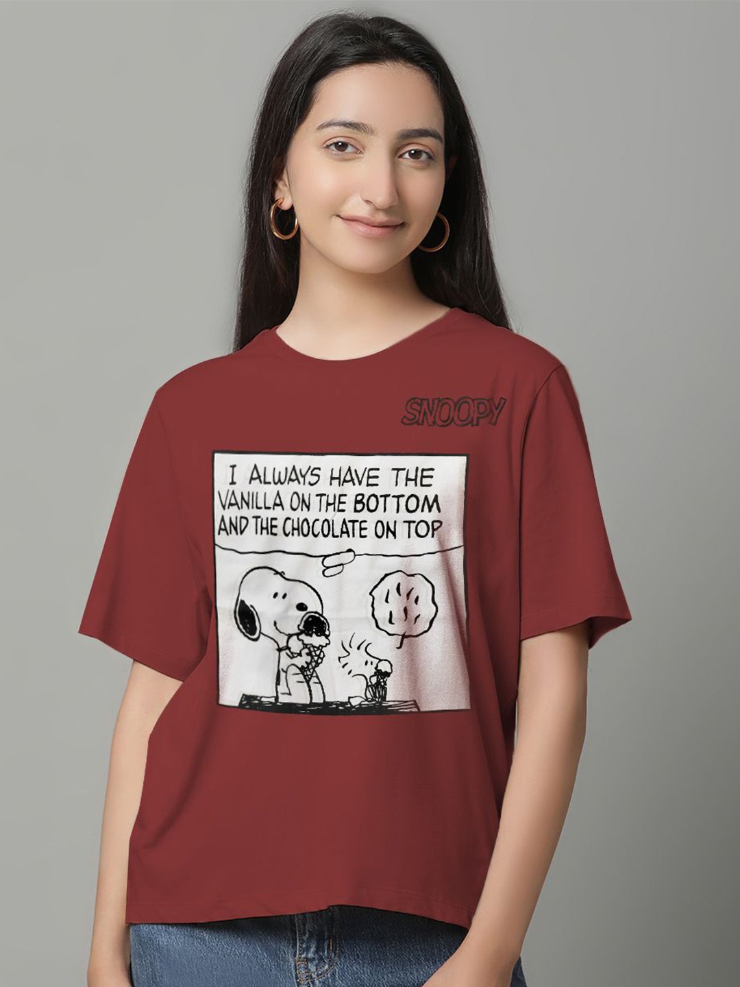 

Free Authority Women Peanuts Graphic Printed Pure Cotton T-shirt, Maroon