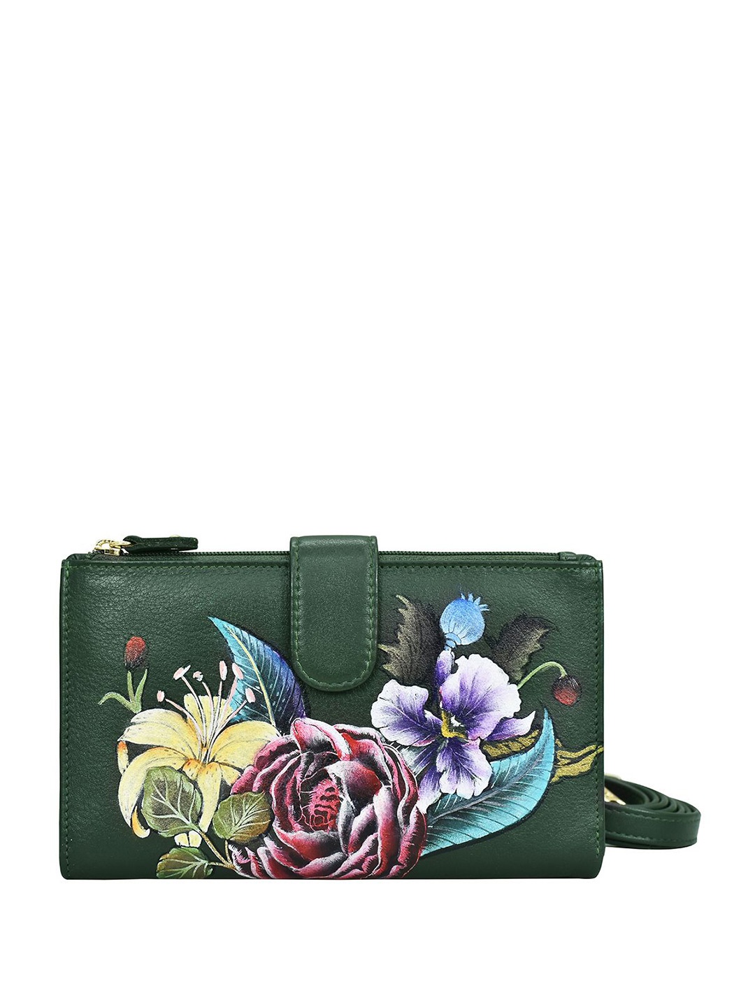 

Anuschka Floral Printed Leather Two Fold Wallet with Sling Strap, Green