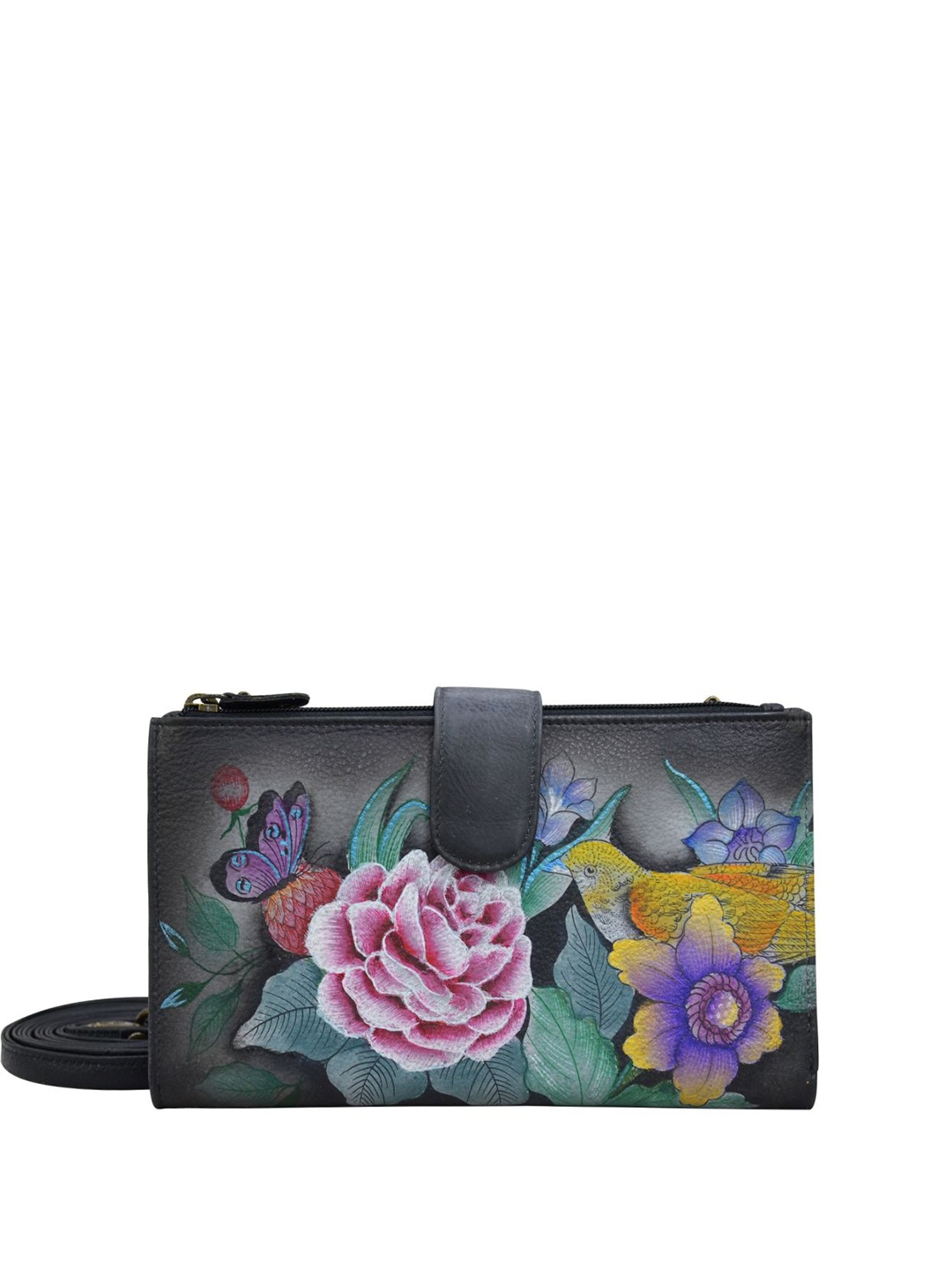 

Anuschka Floral Printed Leather Two Fold Wallet with Sling Strap, Olive