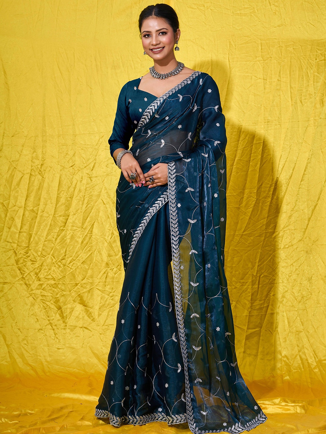 

Mitera Floral Embroidered Embellished Organza Saree, Blue