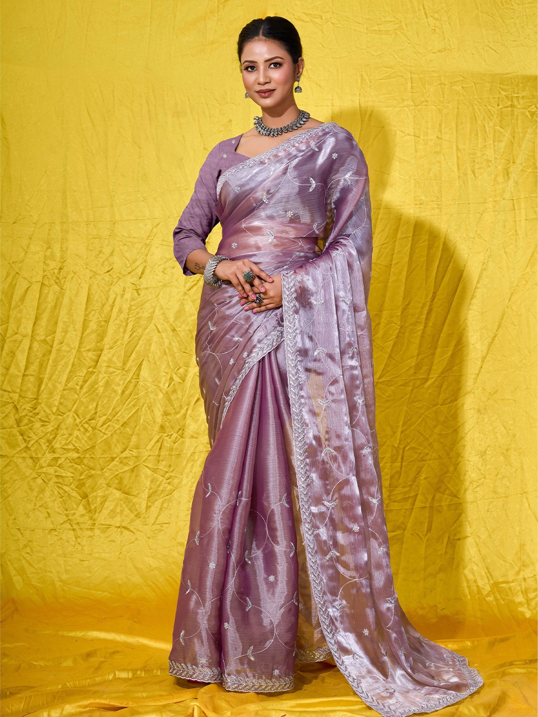 

Mitera Floral Embroidered Organza Saree, Lavender