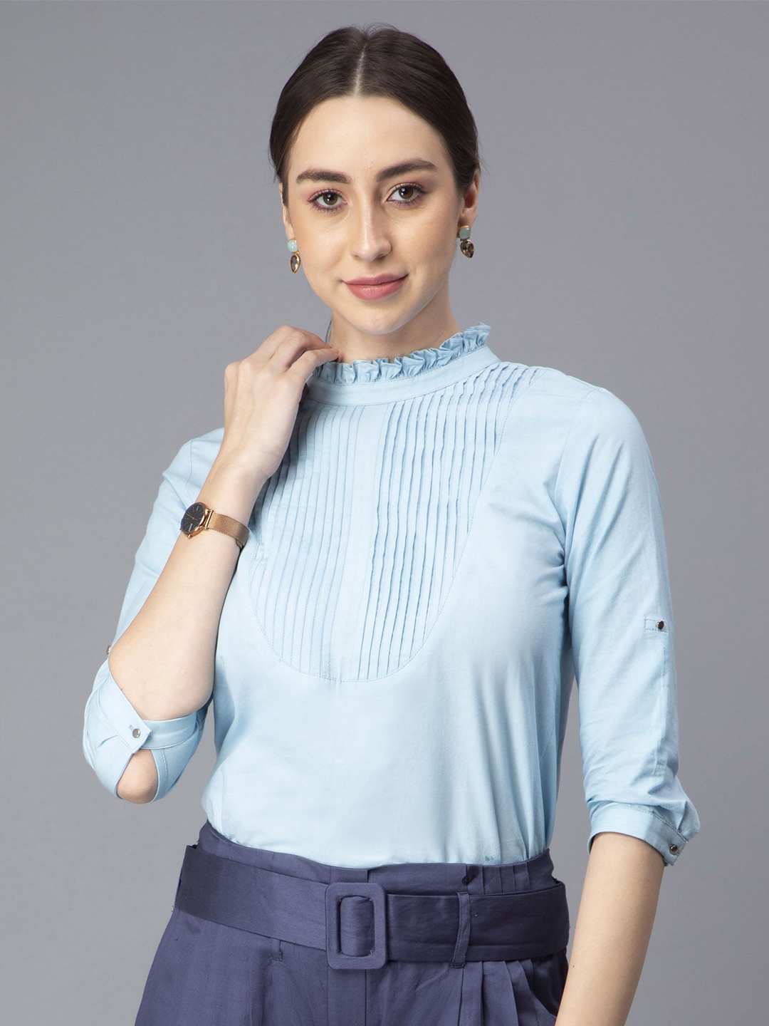 

indy Raaga Solid Pleated High Neck Cotton Top, Blue