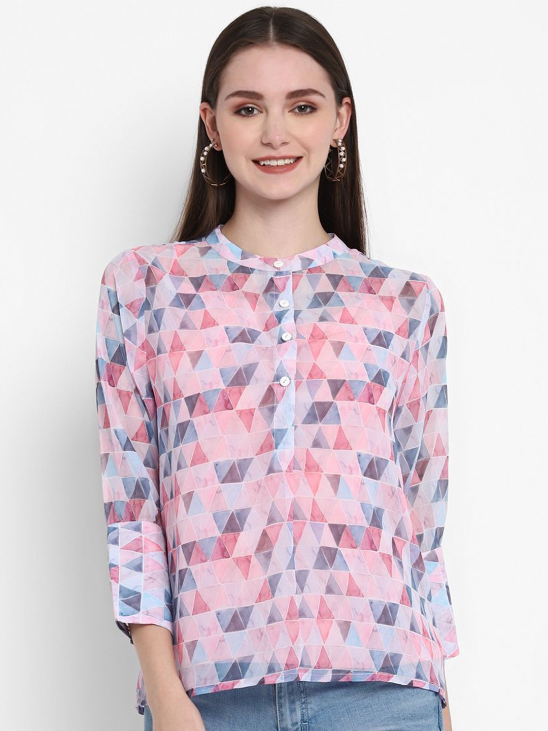 

indy Raaga Geometric Printed Mandarin Collar Georgette Shirt Style Top, Pink