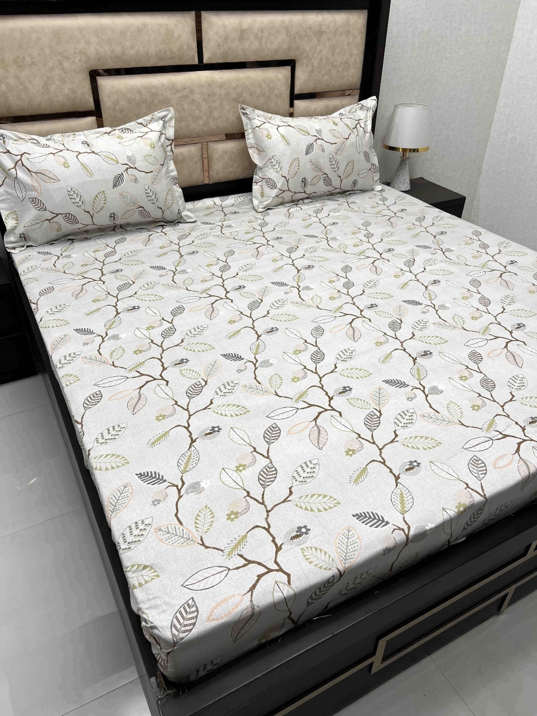 Pure Decor White & Brown Floral 300 TC Cotton Queen Bedsheet with 2 Pillow Covers