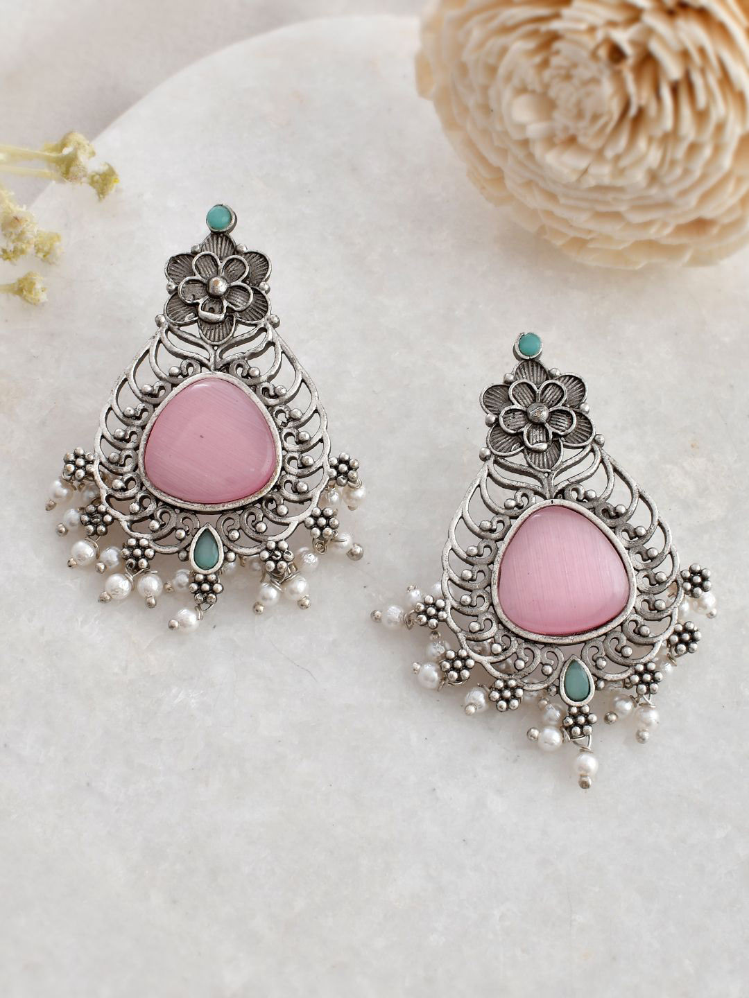 

DASTOOR Silver-Plated Stone-Studded & Beaded Oxidised Contemporary Drop Earrings