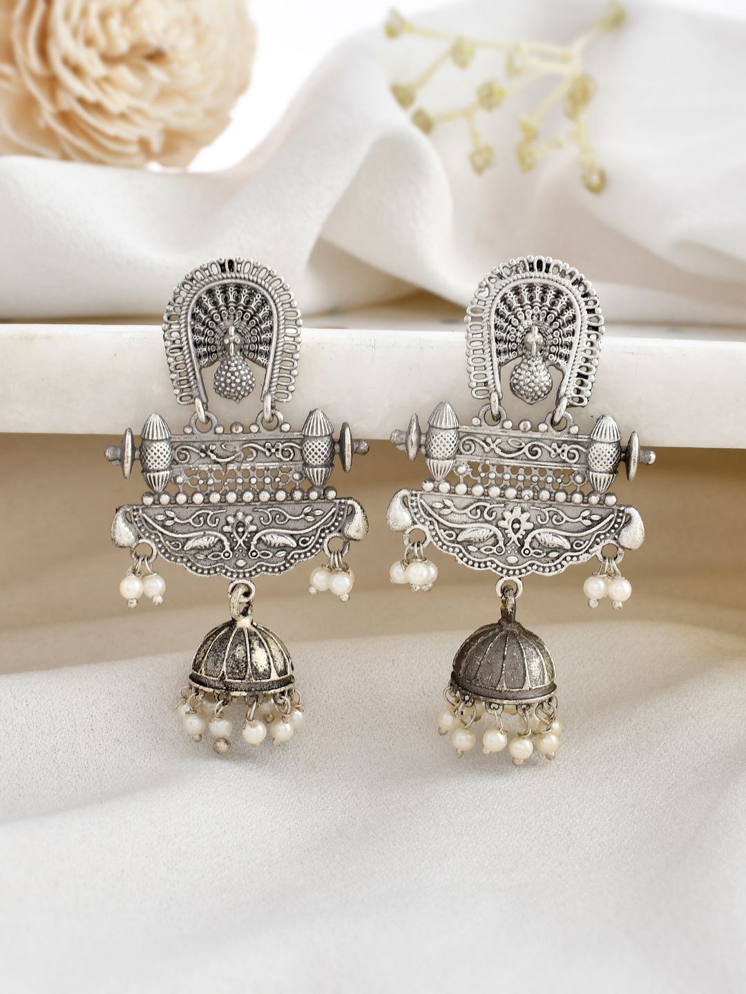 

DASTOOR Silver Plated Oxidised Contemporary Jhumkas