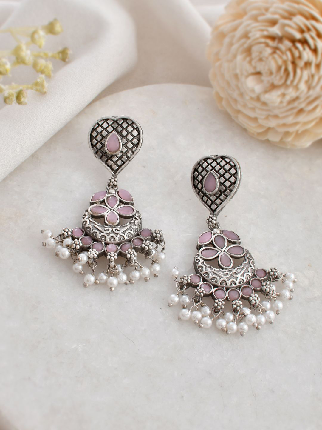 

DASTOOR Silver Plated Stone Studded & Beaded Contemporary Oxidise Drop Earrings