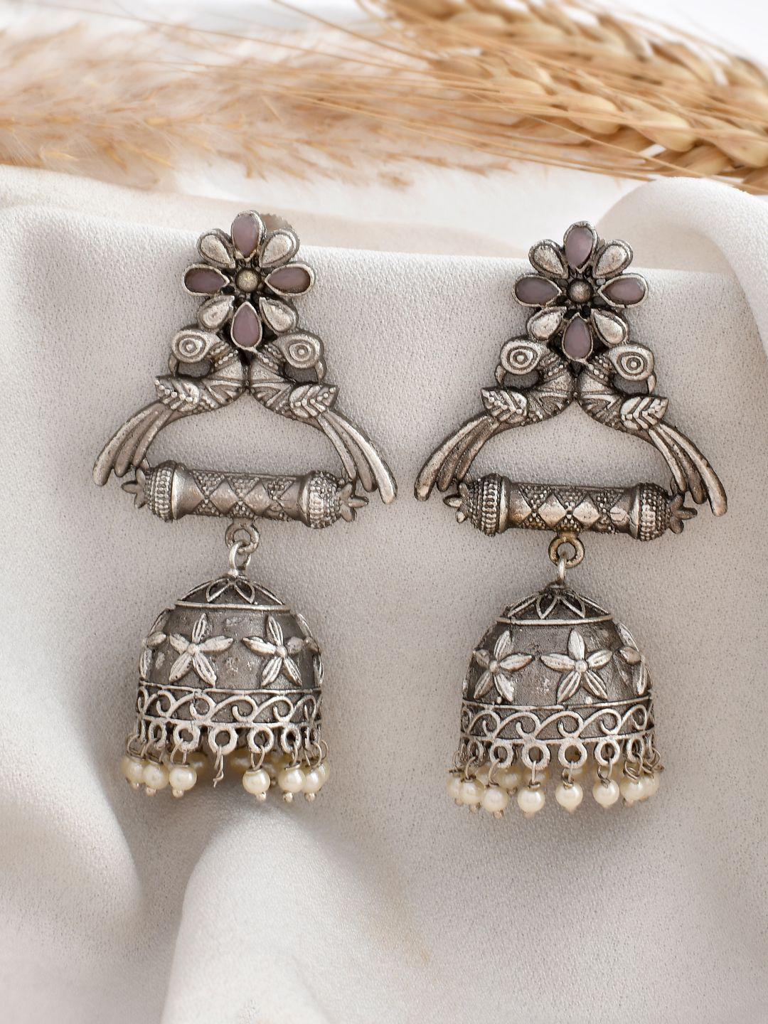 

DASTOOR Silver-Plated Stone-Studded & Beaded Dome Shaped Oxidised Jhumkas