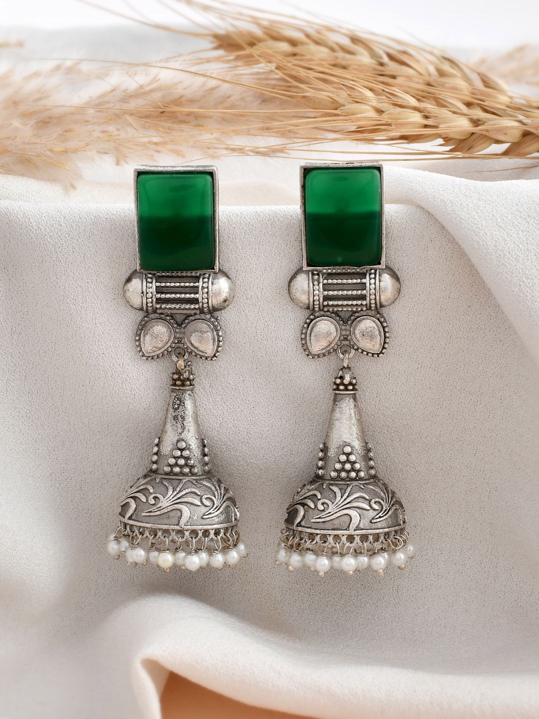 

DASTOOR Silver-Plated Stone-Studded & Beaded Dome Shaped Oxidised Jhumkas