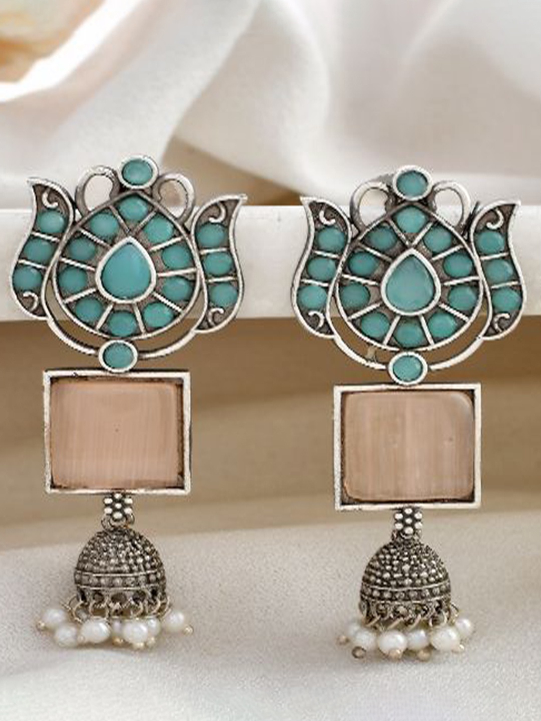 

DASTOOR Silver-Plated Stone-Studded & Beaded Dome Shaped Oxidised Jhumkas
