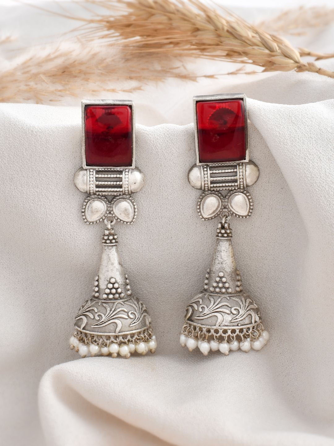 

DASTOOR Silver Plated Oxidised Dome Shaped Jhumkas