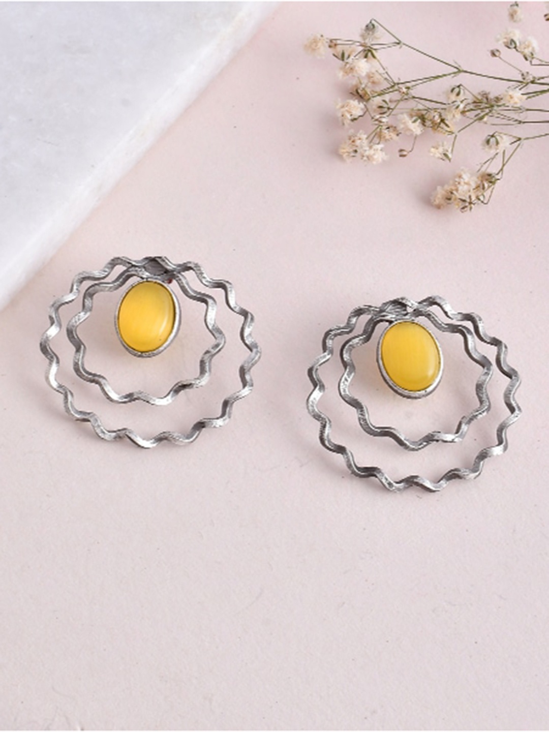 

DASTOOR Silver-Plated Stone Studded Contemporary Oxidised Stud Earrings