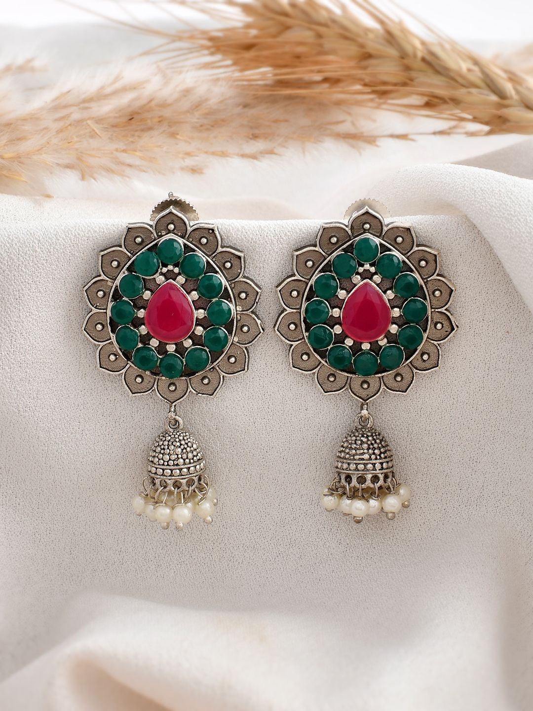 

DASTOOR Silver-Plated Stone-Studded & Beaded Dome Shaped Oxidised Jhumkas