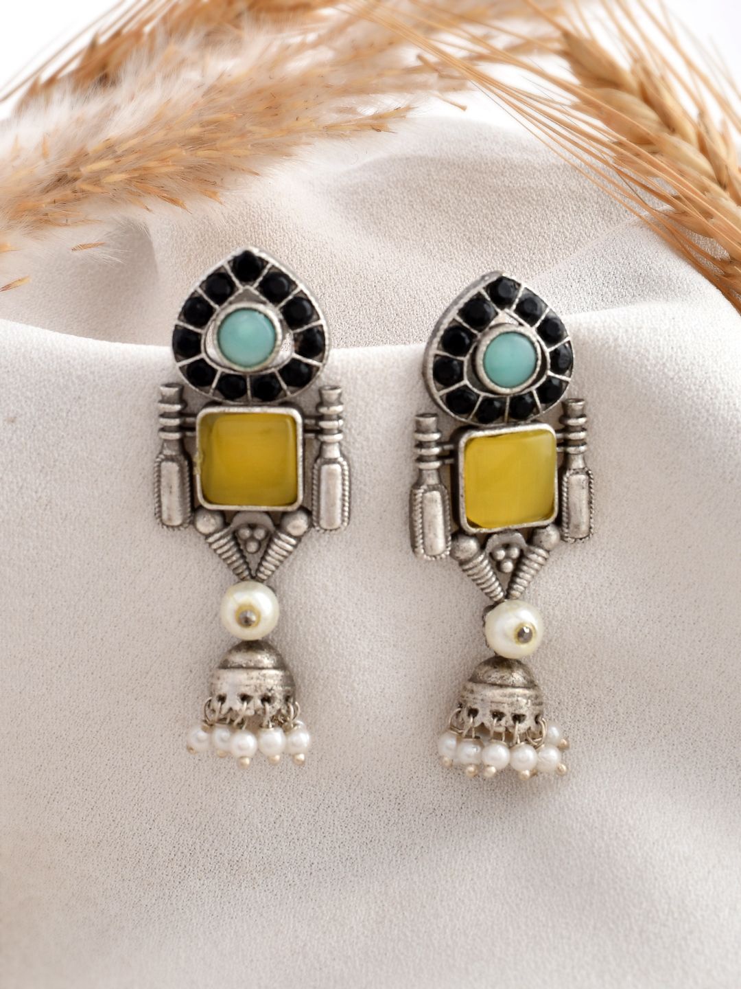 

DASTOOR Silver Plated Stone Studded & Beaded Contemporary Oxidise Jhumkas