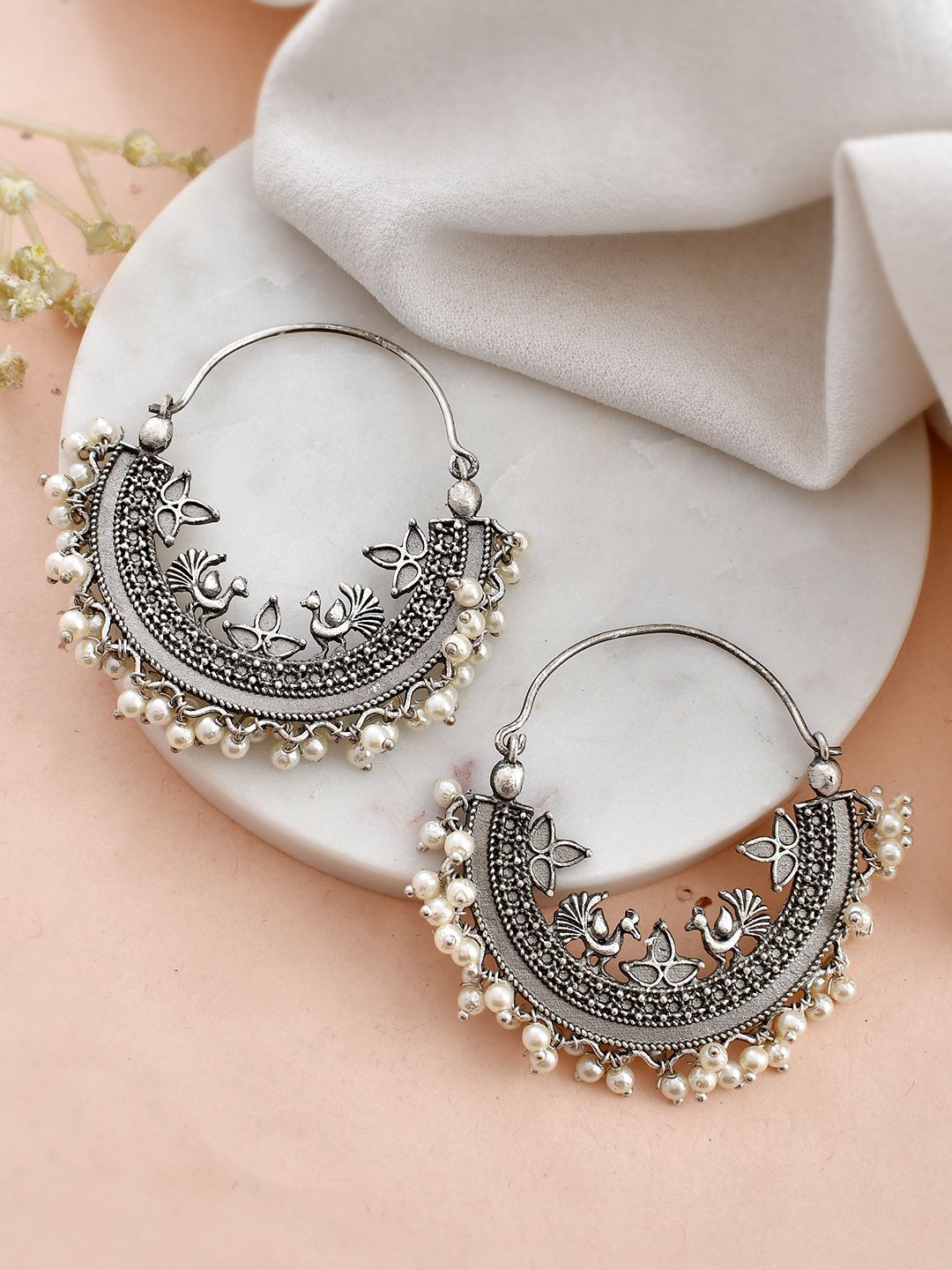 

DASTOOR Silver Plated Beaded Contemporary Oxidise Hoop Earrings