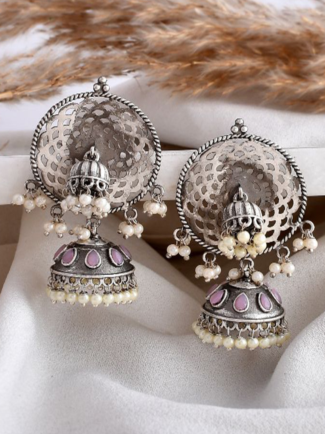 

DASTOOR Silver Plated Stone Studded & Beaded Contemporary Oxidise Jhumkas