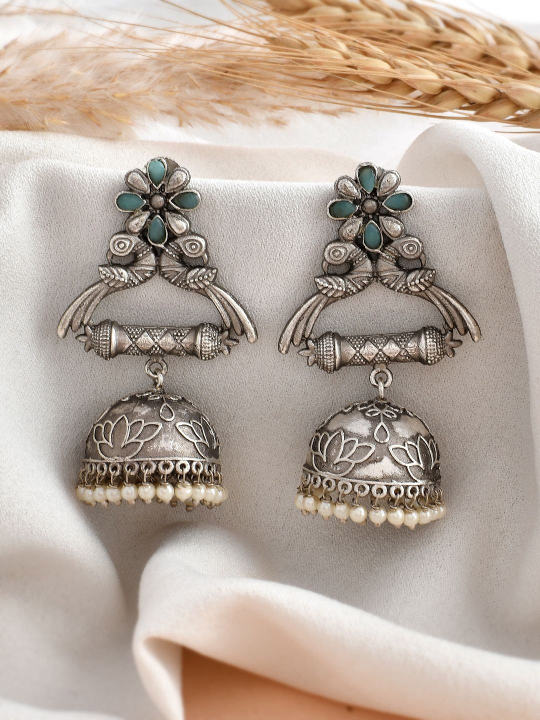 

DASTOOR Silver-Plated Stone-Studded & Beaded Dome Shaped Oxidised Jhumkas