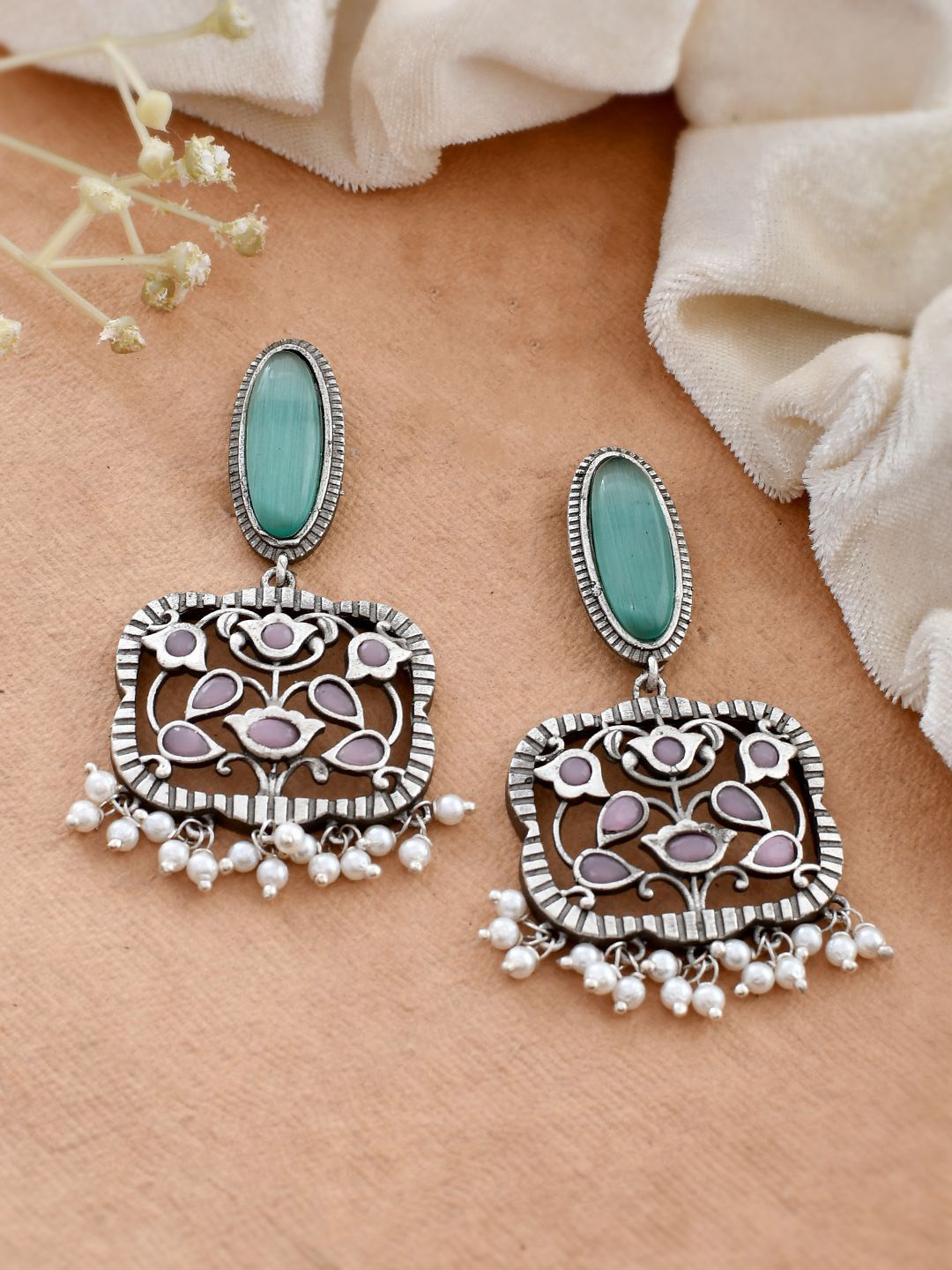 

DASTOOR Silver Plated Oxidised Contemporary Drop Earrings