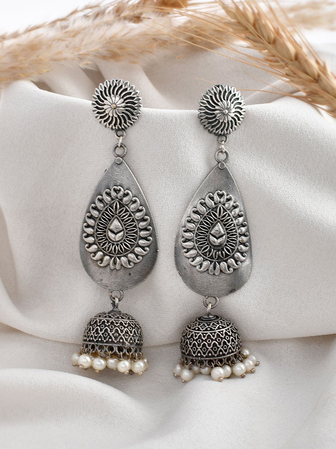 

DASTOOR Oval Shaped Oxidised Jhumkas, Silver