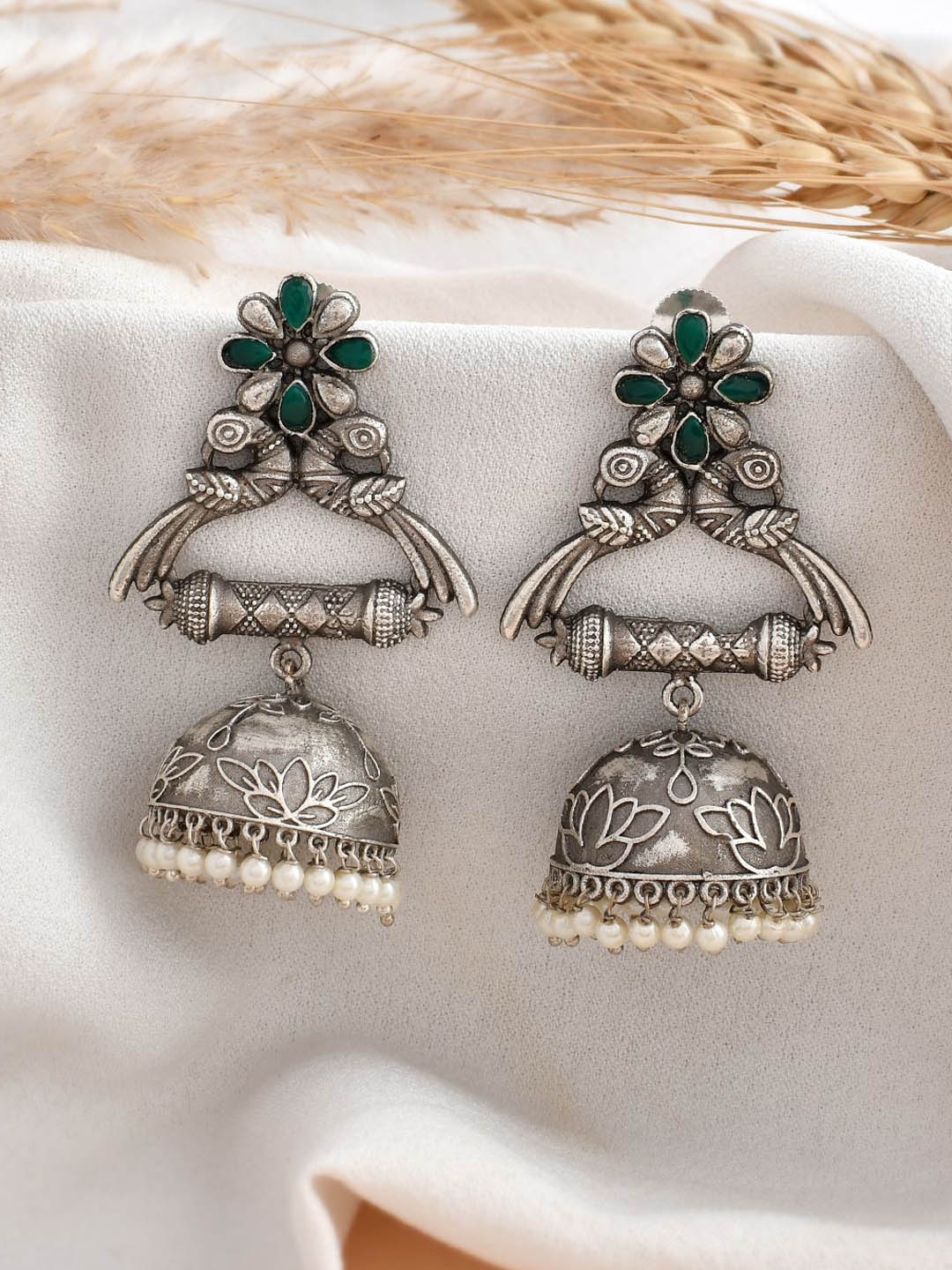 

DASTOOR Silver-Plated Stone-Studded & Beaded Dome Shaped Oxidised Jhumkas