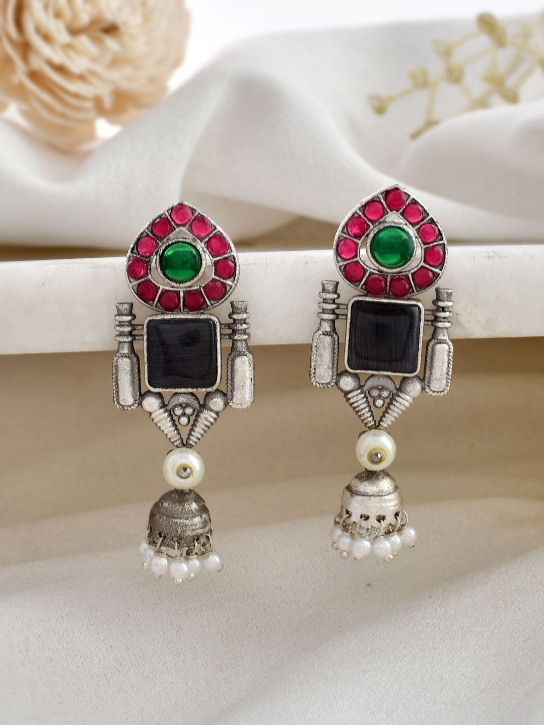 

DASTOOR Silver Plated Stone Studded & Beaded Contemporary Oxidise Drop Earrings