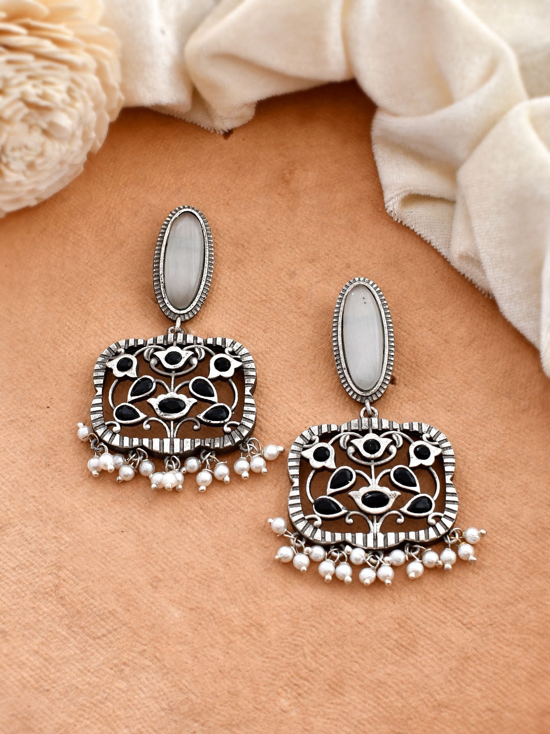 

DASTOOR Silver Plated Stone Studded & Beaded Contemporary Oxidise Drop Earrings