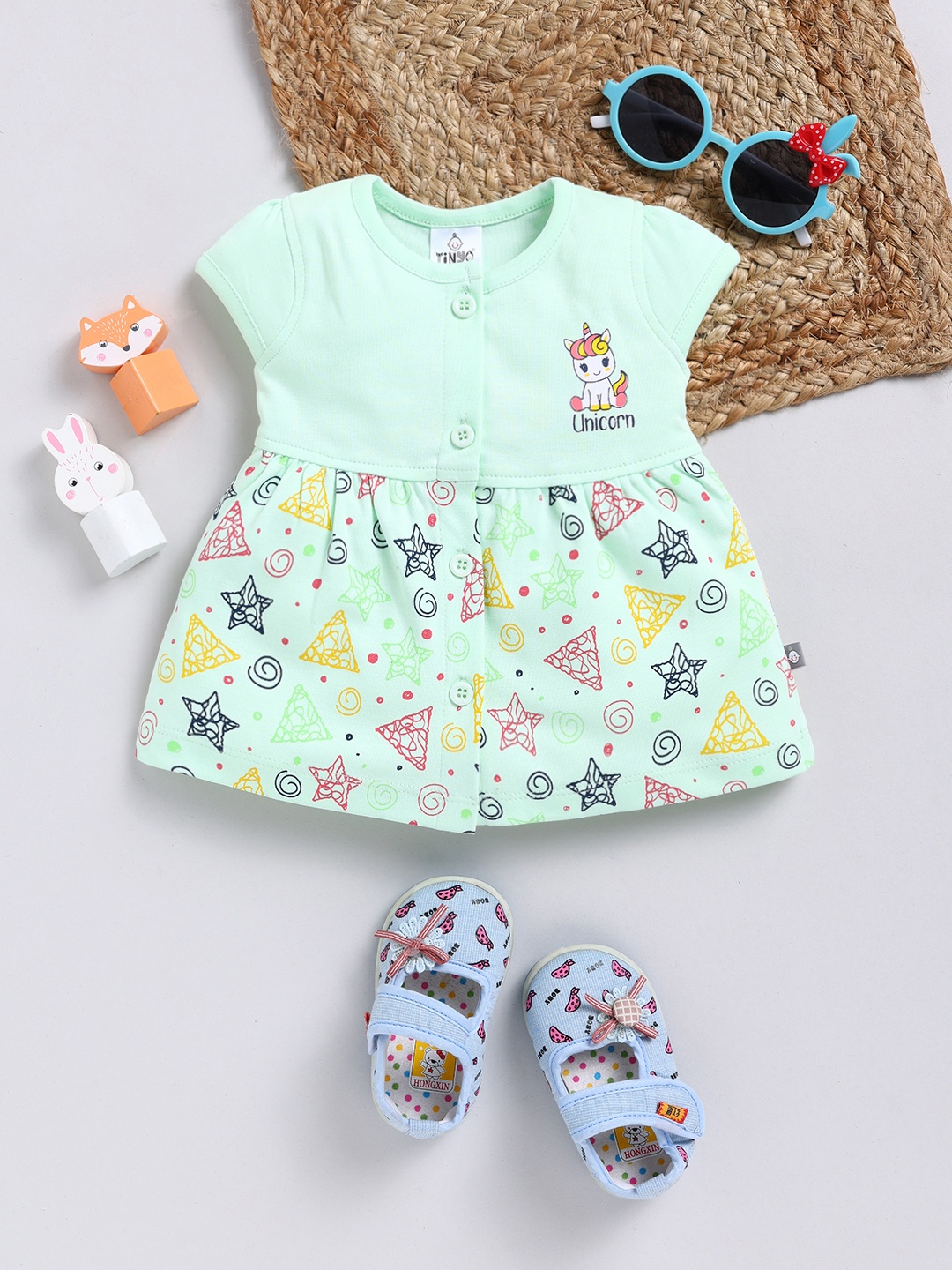 

YK X Tinyo Infant Girl Pure Cotton Printed A-Line Dress, Green