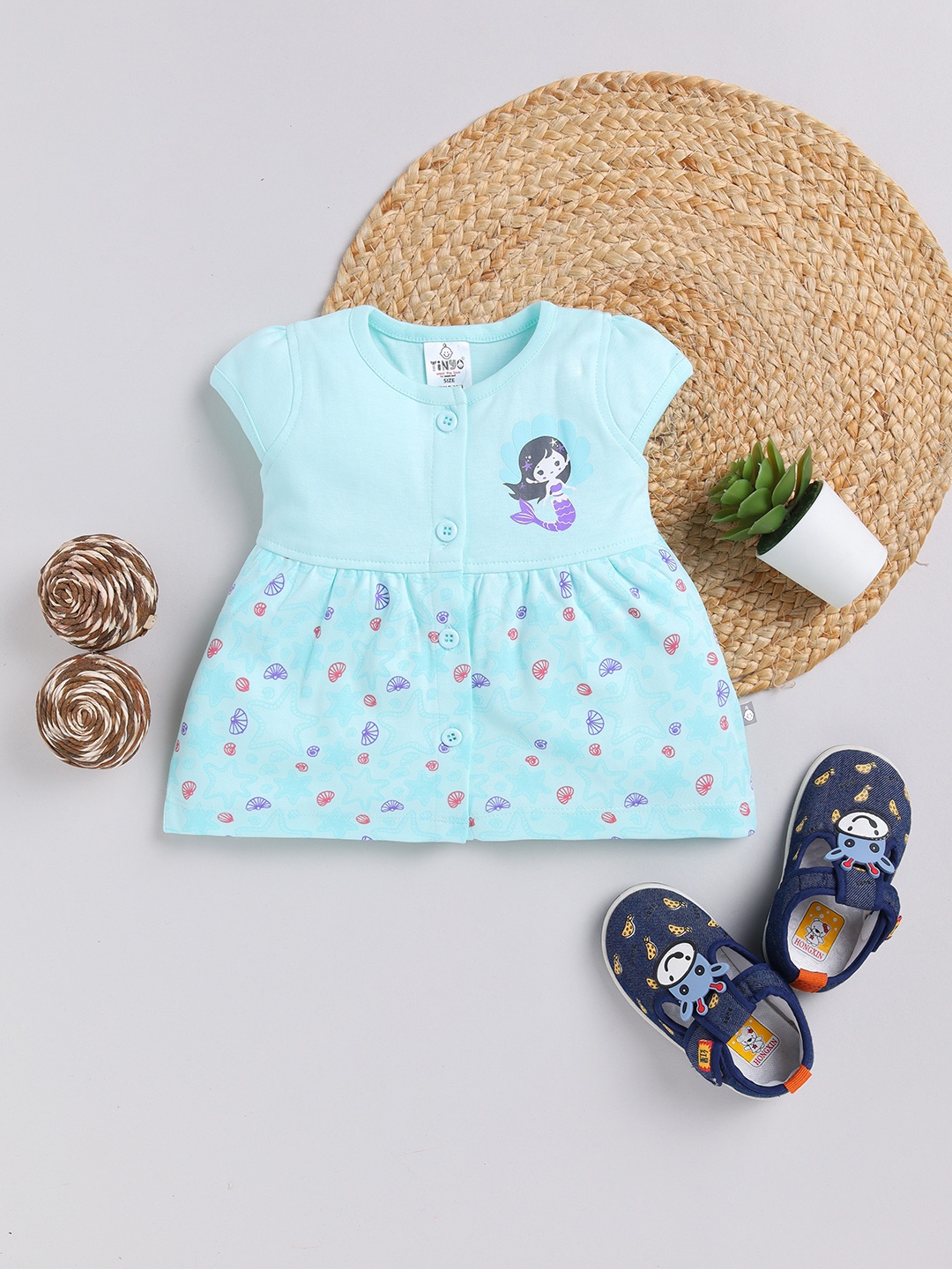 

YK X Tinyo Infant Girl Pure Cotton Printed A-Line Dress, Blue