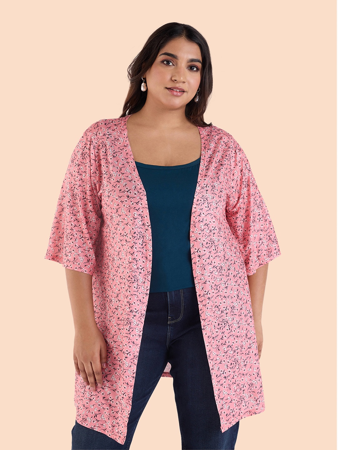 

Big Hello - The Plus Life Floral Printed Stretchable Open Front Shrug, Pink