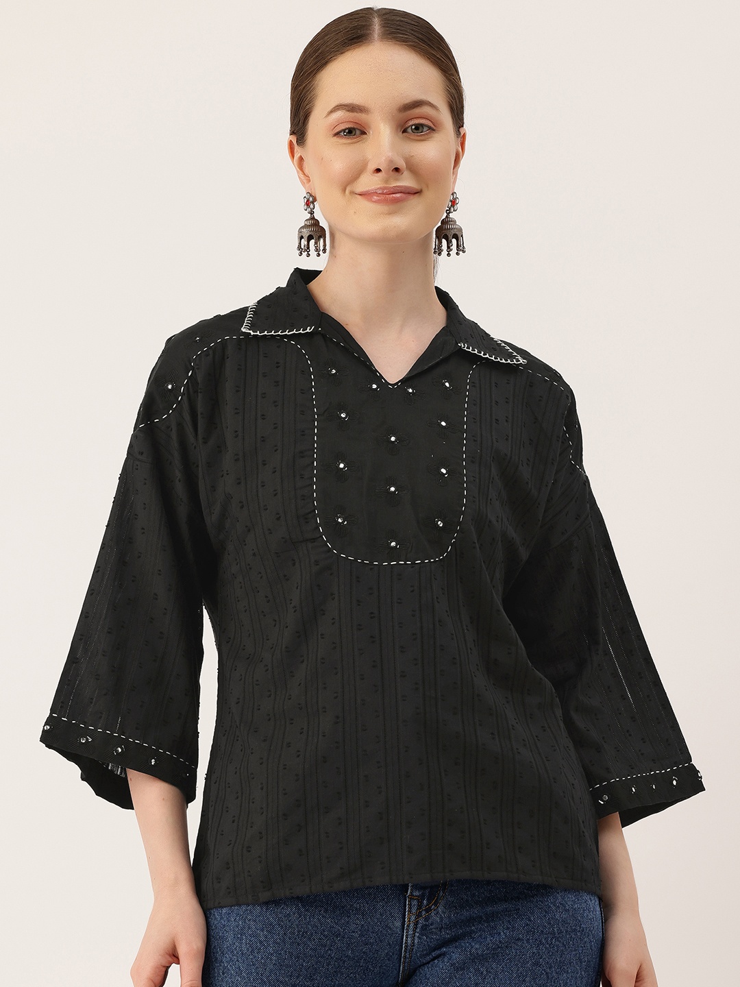 

MISRI Embroidered Flared Sleeve Cotton Top, Black