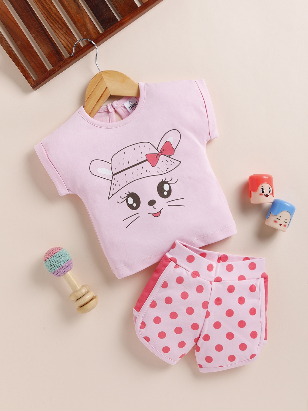 

YK X Tinyo Infant Girls Printed Pure Cotton T-shirt with Shorts, Pink