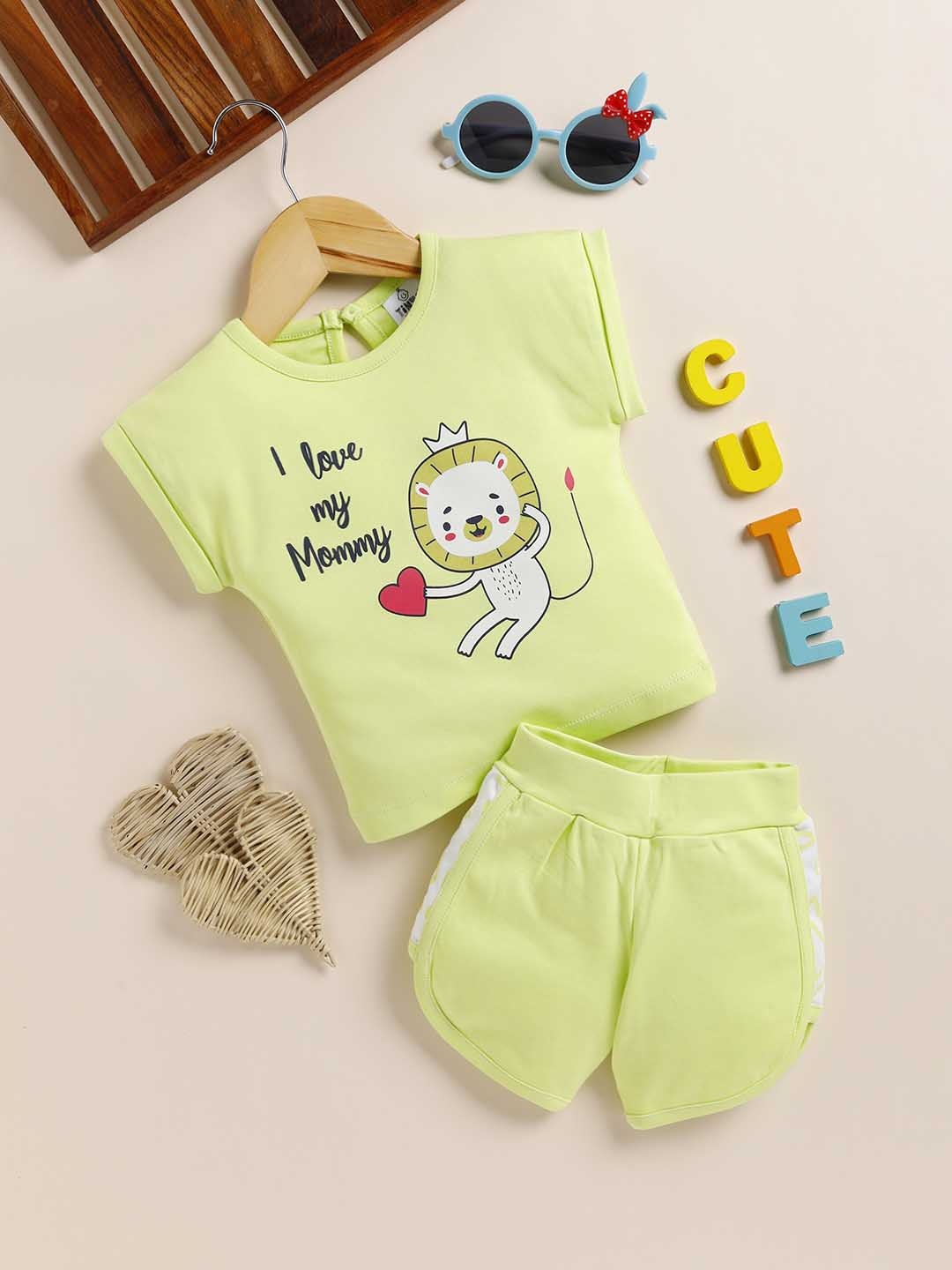 

YK X Tinyo Infant Girls Pure Cotton Printed T-shirt with Shorts, Lime green