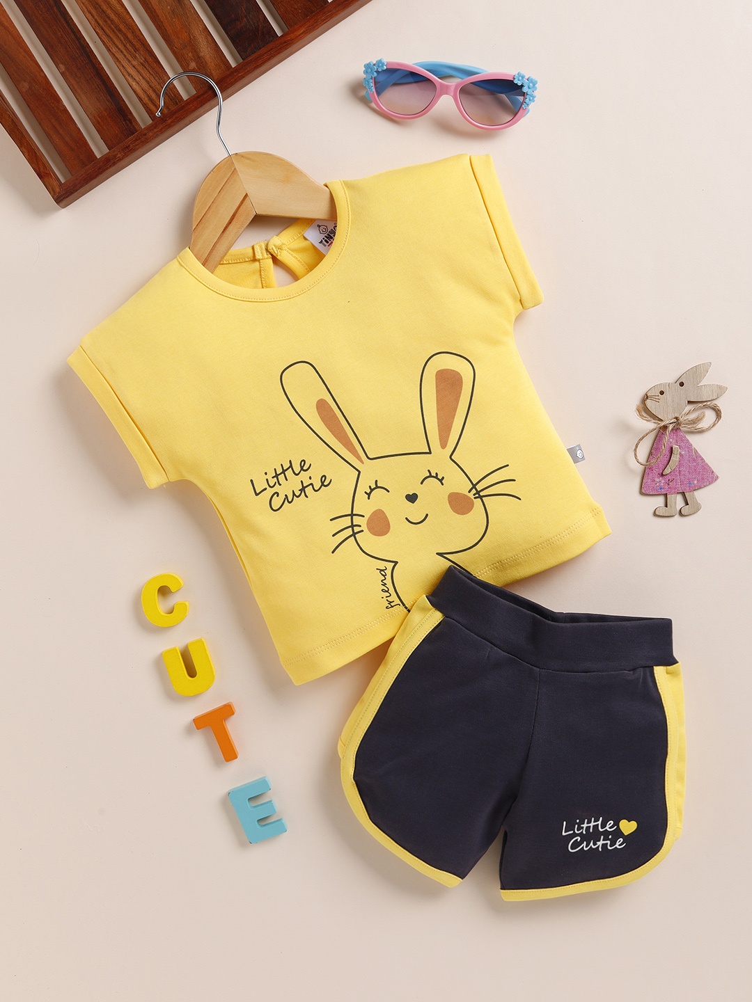 

YK X Tinyo Infant Girls Printed Pure Cotton T-shirt with Shorts, Yellow