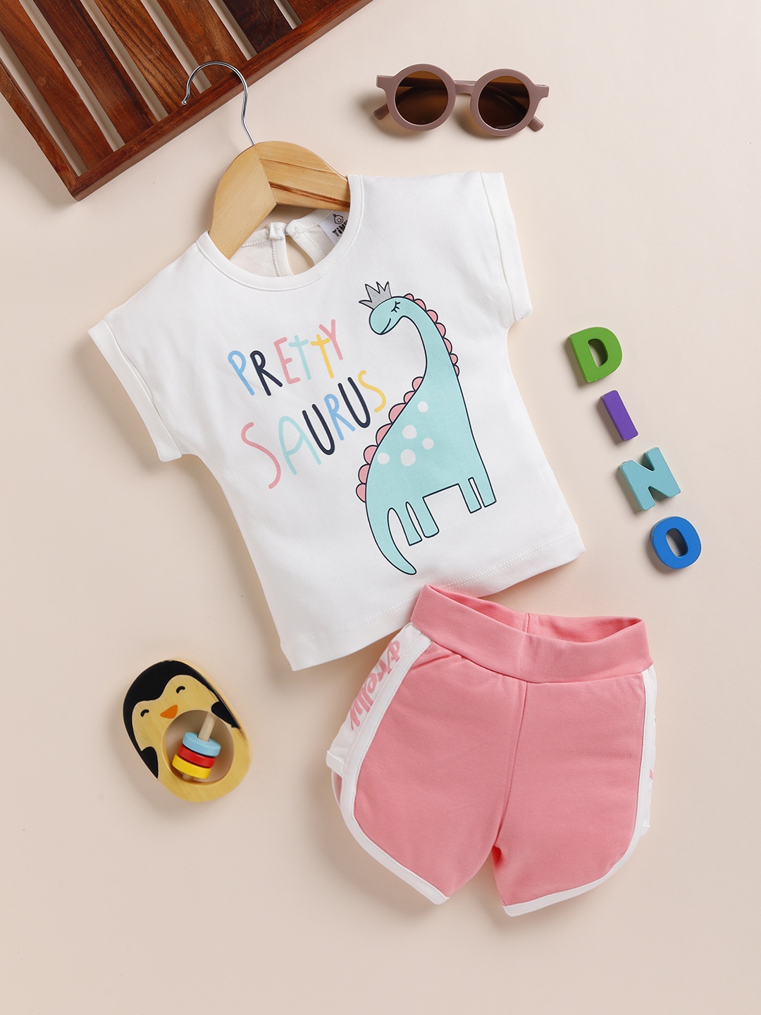 YK X Tinyo Infant Girls Printed Pure Cotton T-shirt with Shorts, White