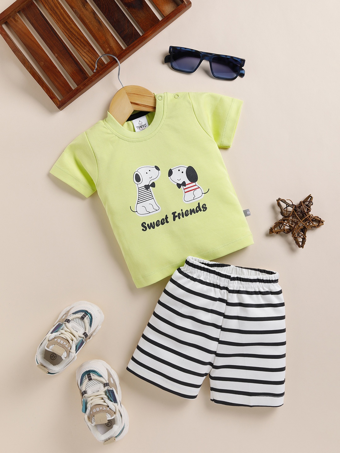 YK X Tinyo Infant Boys Pure Cotton T-shirt with Shorts, Green