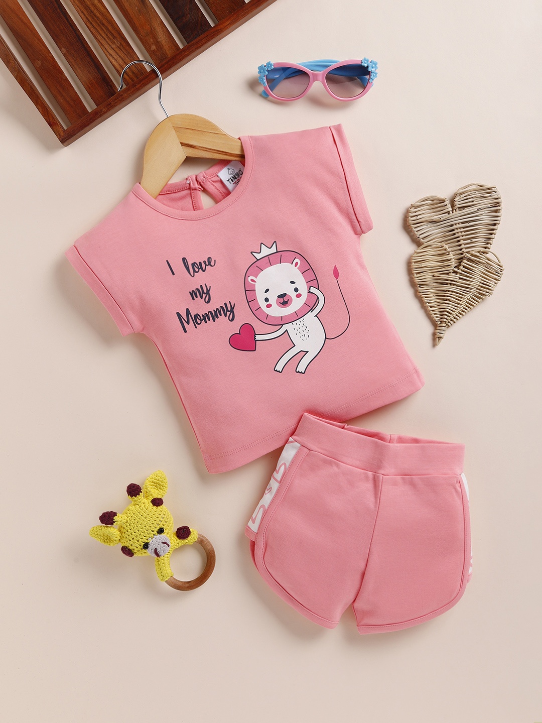 

YK X Tinyo Infant Girls Pure Cotton Printed T-shirt with Shorts, Peach