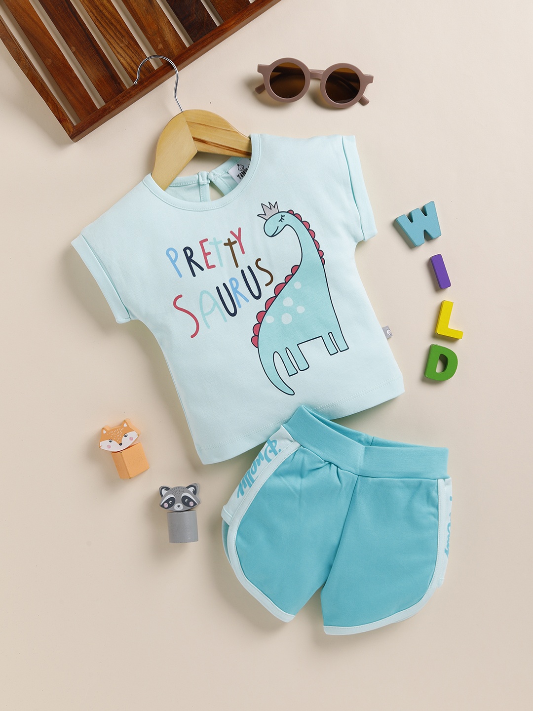 

YK X Tinyo Infant Girls Printed Pure Cotton T-shirt with Shorts, Sea green