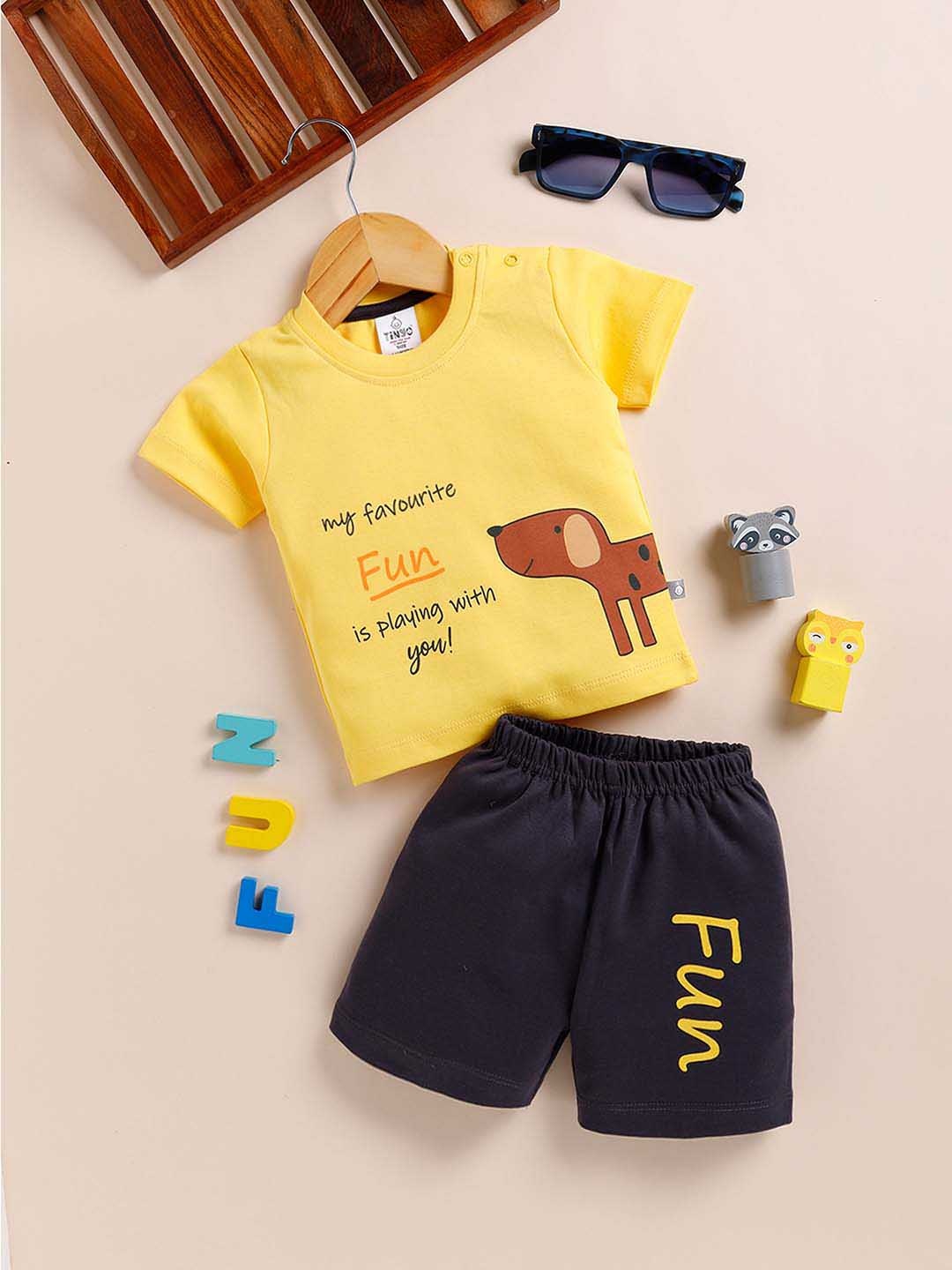 

YK X Tinyo Infant Boys Pure Cotton Printed T-shirt with Shorts, Yellow