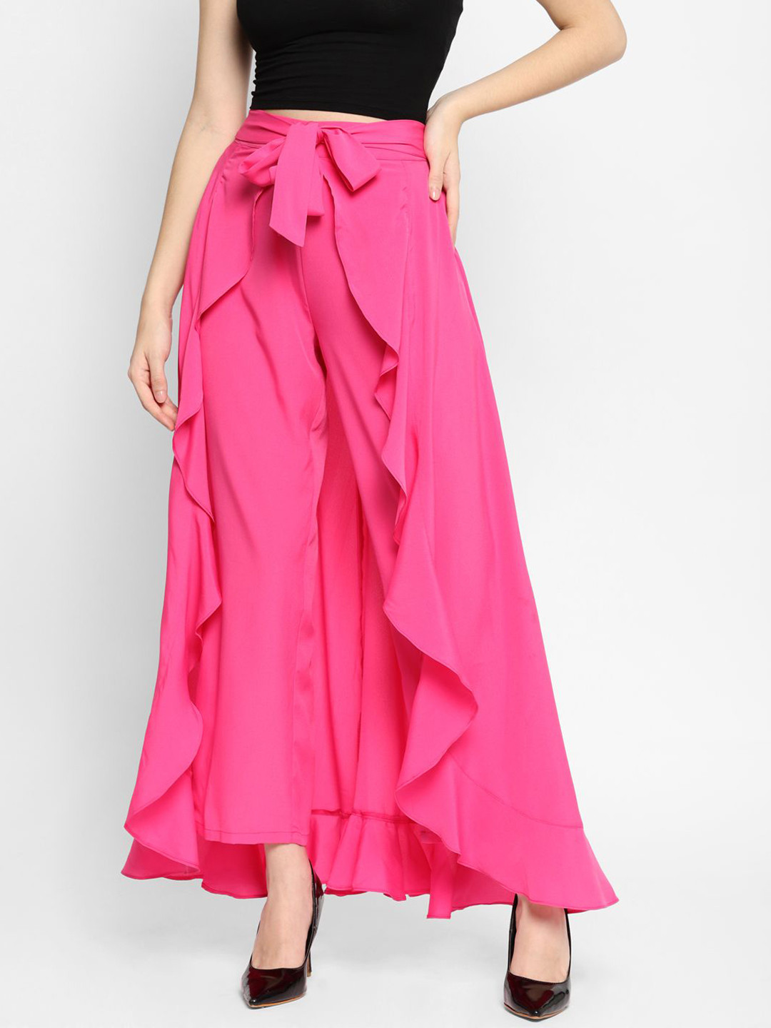 

HOUSE OF KKARMA Women Wide Leg Ruffles Palazzos, Fuchsia