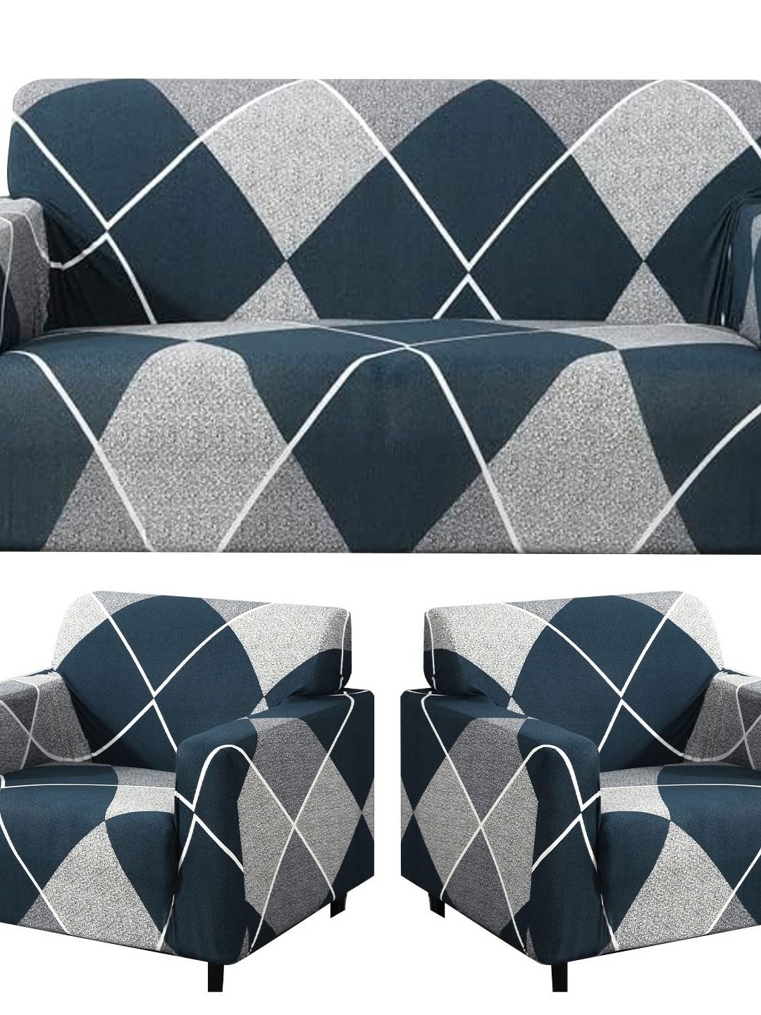 

Furshine Blue & White Printed 3 Pieces Sofa Cover With Arms