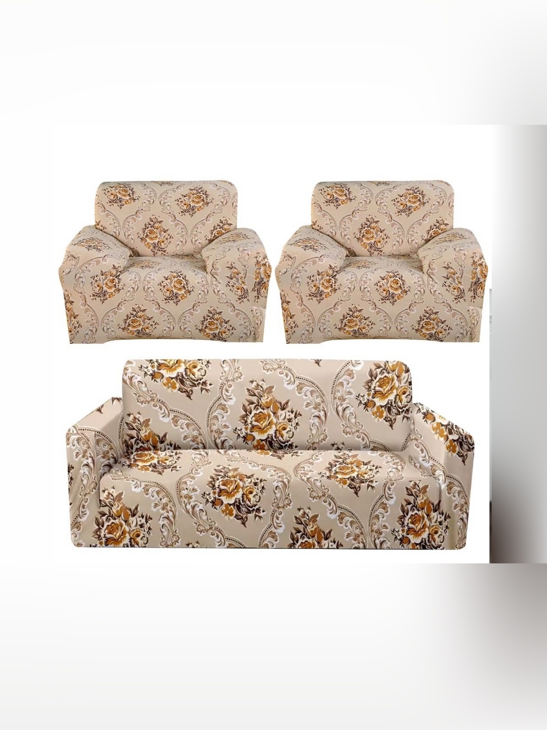 

Furshine Beige & Brown Floral Printed 3 Pieces Sofa Cover With Arms